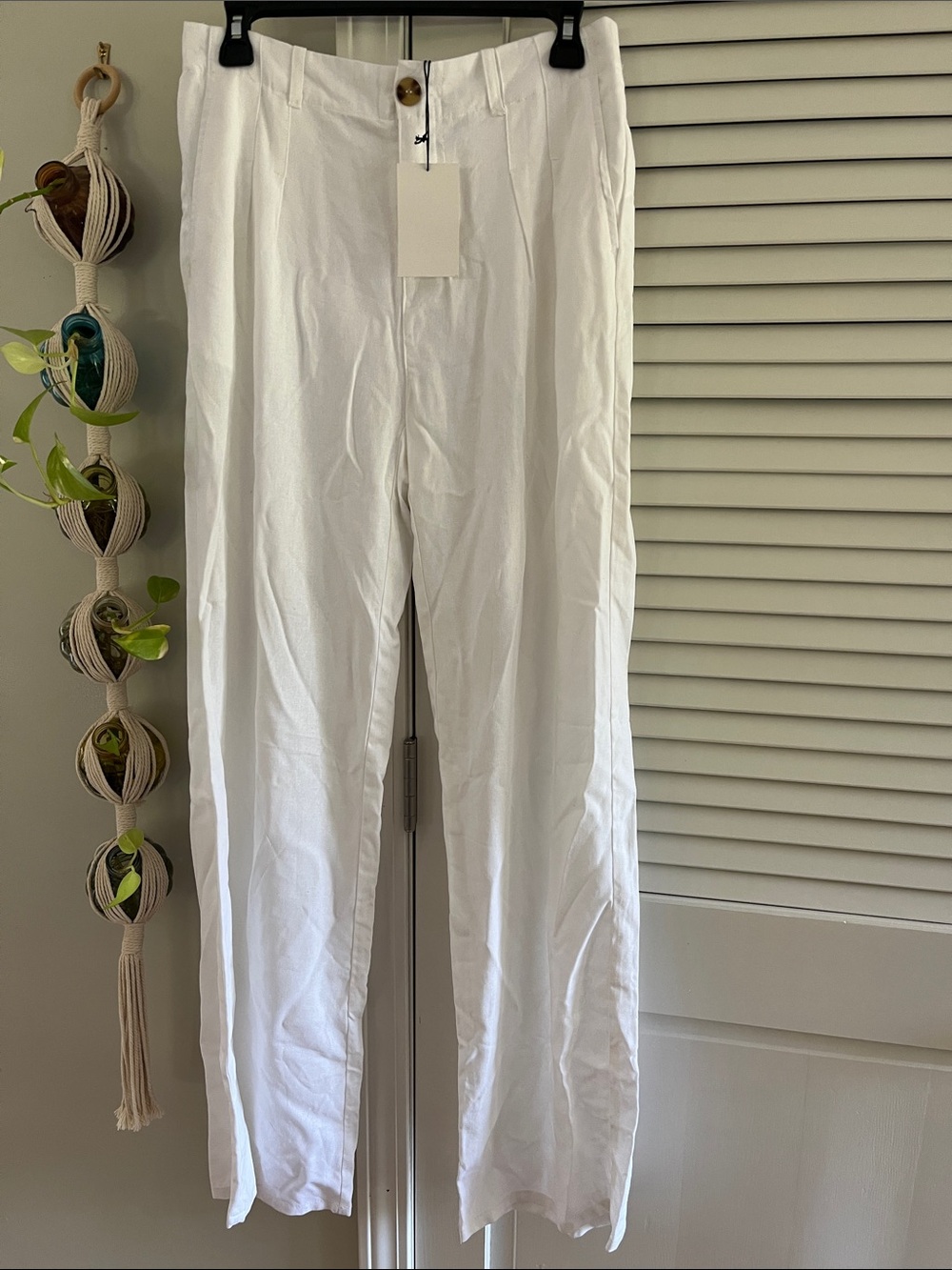 Love Tree White Straight-Leg Linen-Blend Trousers